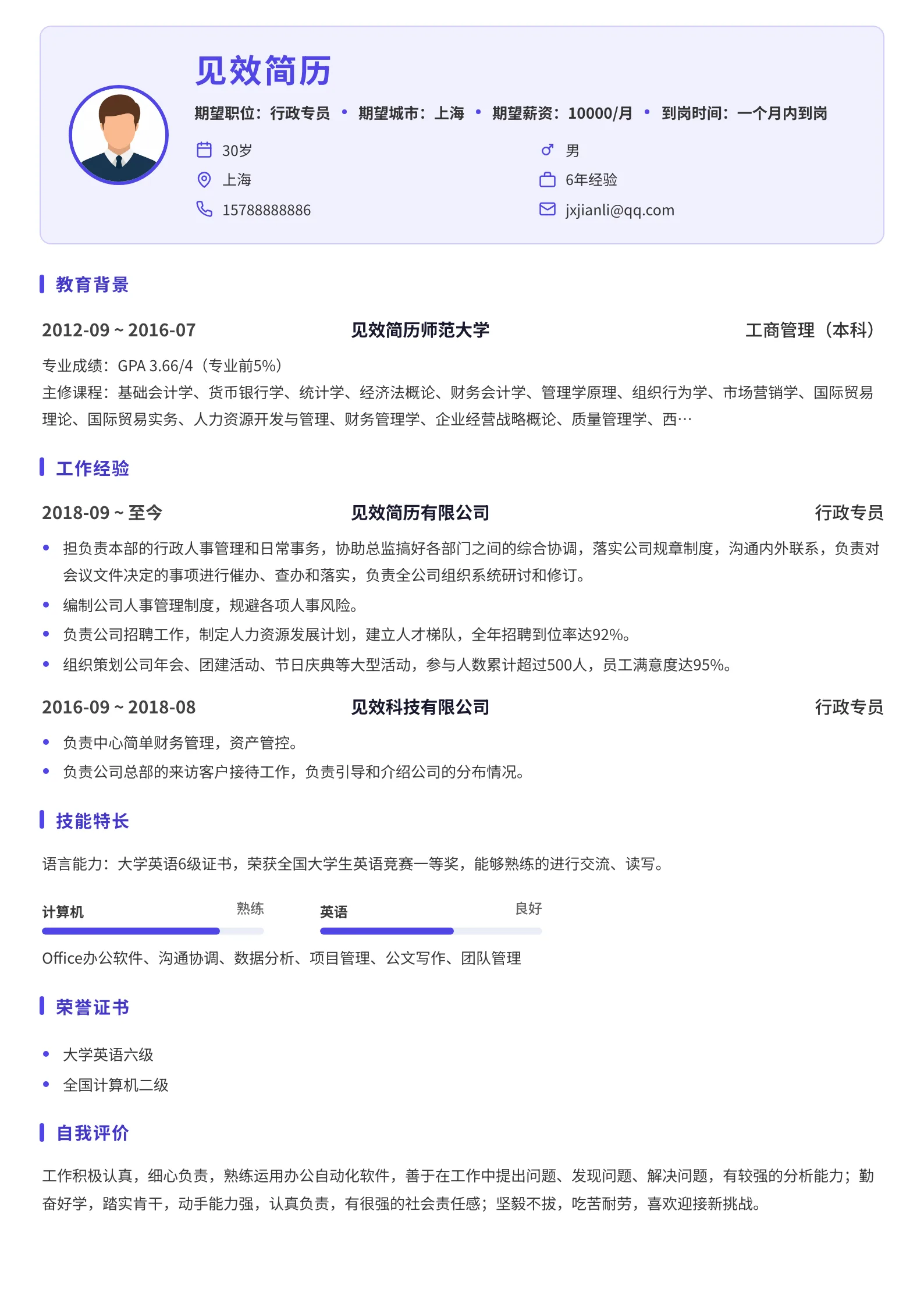 靛蓝面板头部简历模板